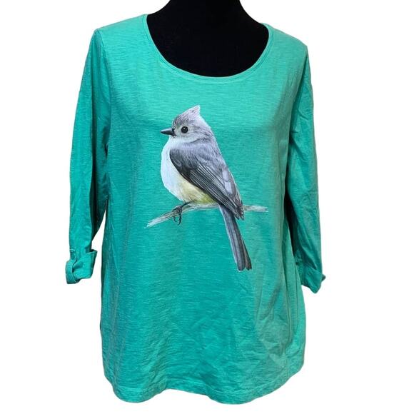 Hand Printed Upcycled Womens XL Tufted Titmouse Bird 3/4 Sleeve Cotton Tee - Picture 1 of 3